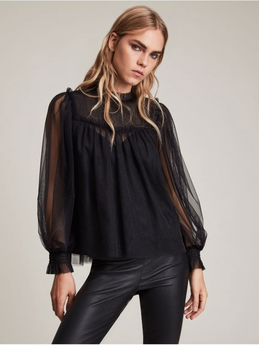 All Saints Black Sheer Ruffle-Neck Blouse